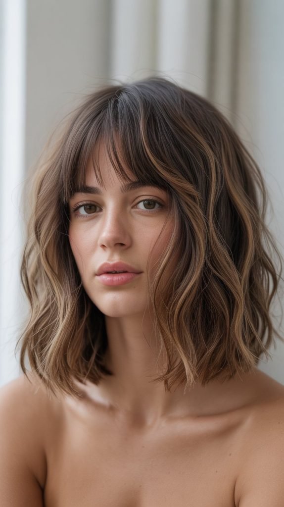2. Textured Long Bob with Wispy Curtain Bangs