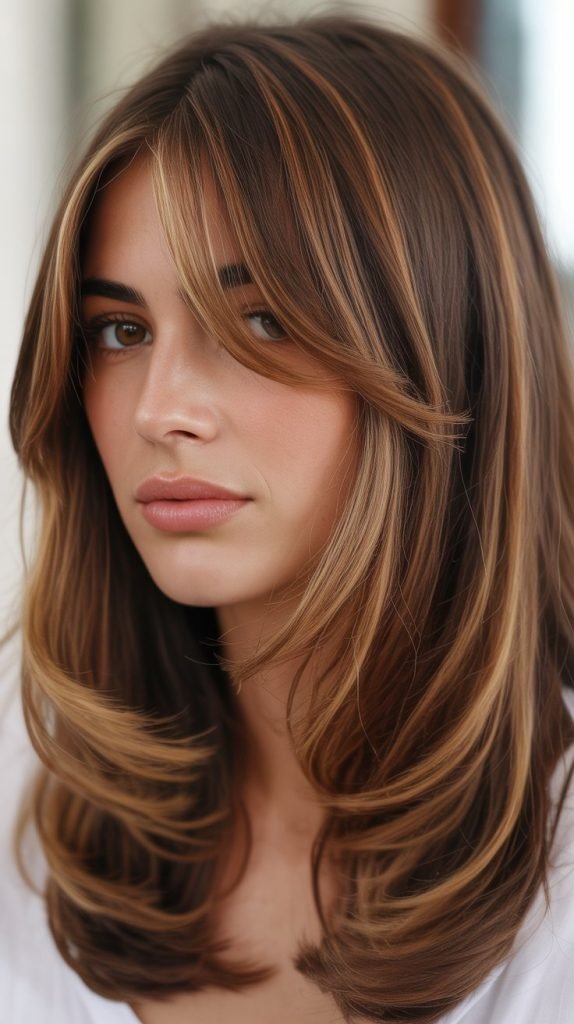 Caramel Highlights with Curtain Bangs on Layered Hair