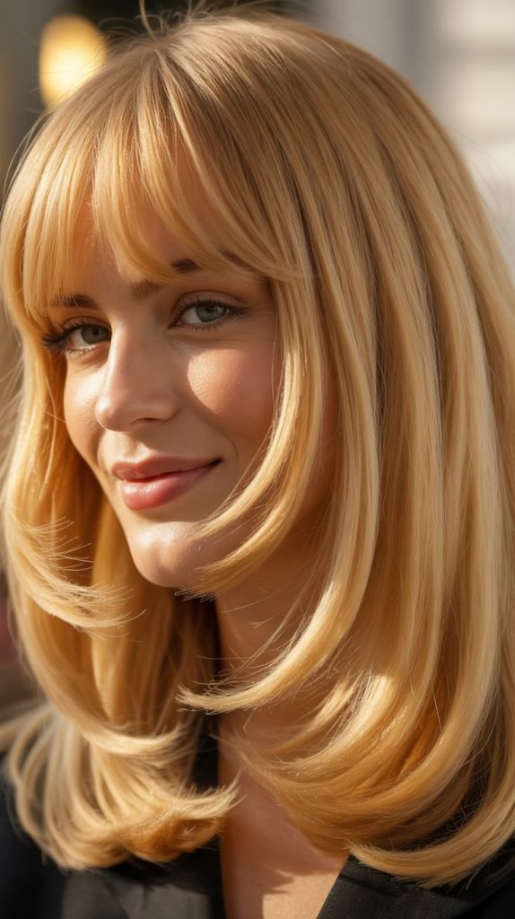 27. Honey Butter Blonde Bob with Curtain Bangs