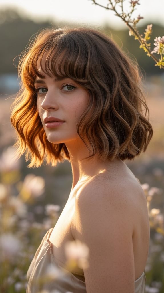 4. Wavy Long Bob with Face-Framing Curtain Bangs