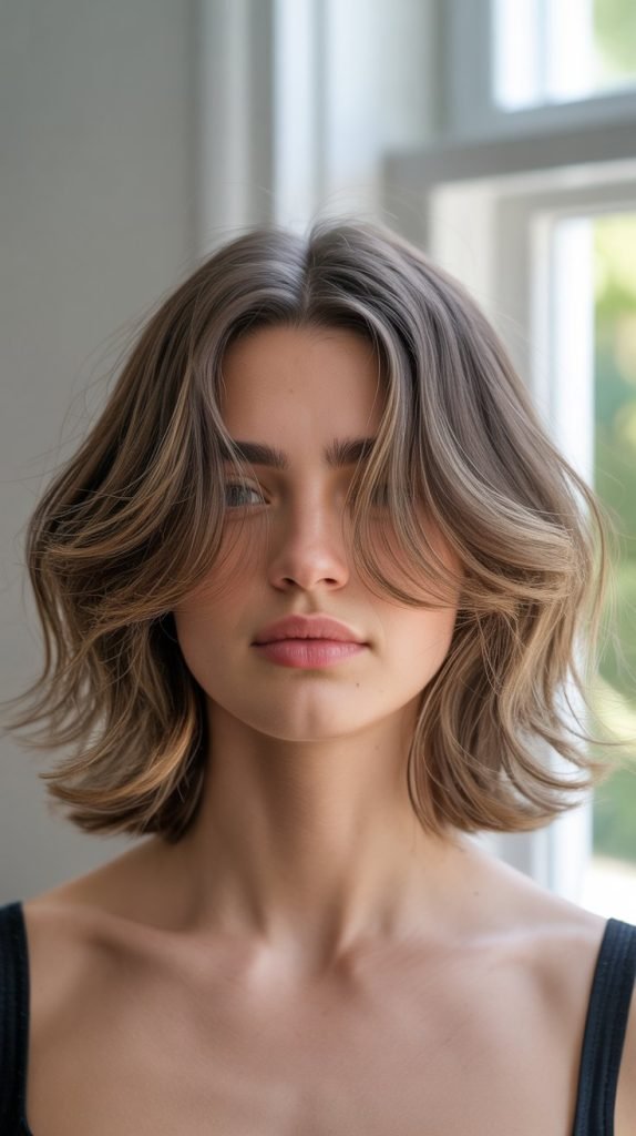 2. Textured Long Bob with Wispy Curtain Bangs