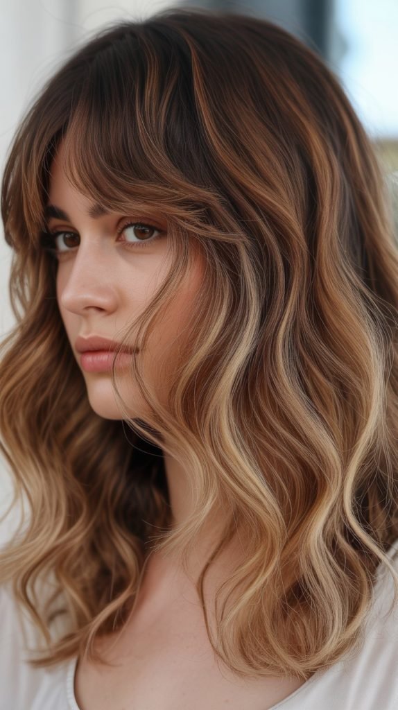 15. Wavy Long Bob with Curtain Bangs and Ombré
