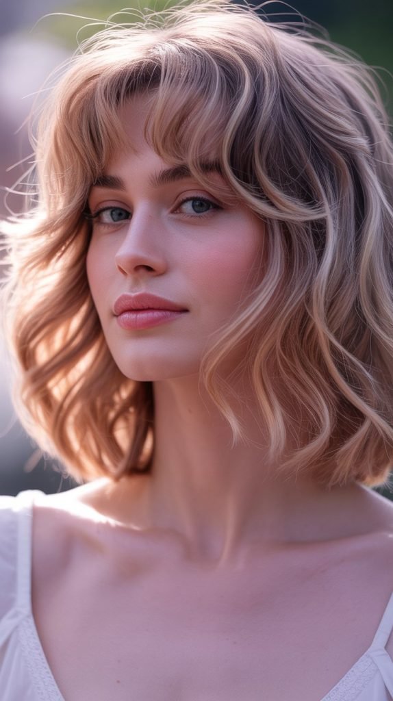  Romantic Lob with Soft Swooping Curtain Bangs