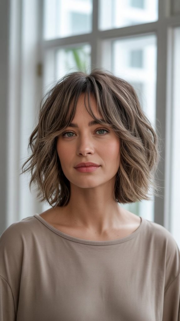 4. Textured Long Bob with Curtain Bangs