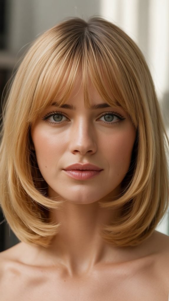  Angled Long Bob with Curtain Bangs for Heart-Shaped Faces