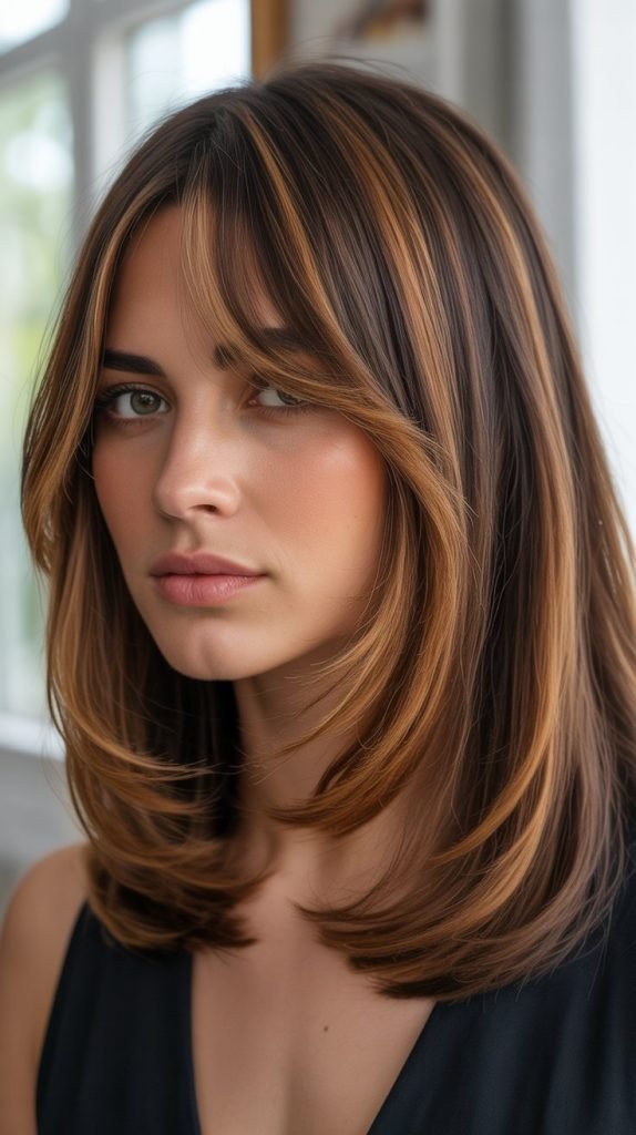 6. Colored Long Bob with Balayage and Curtain Bangs