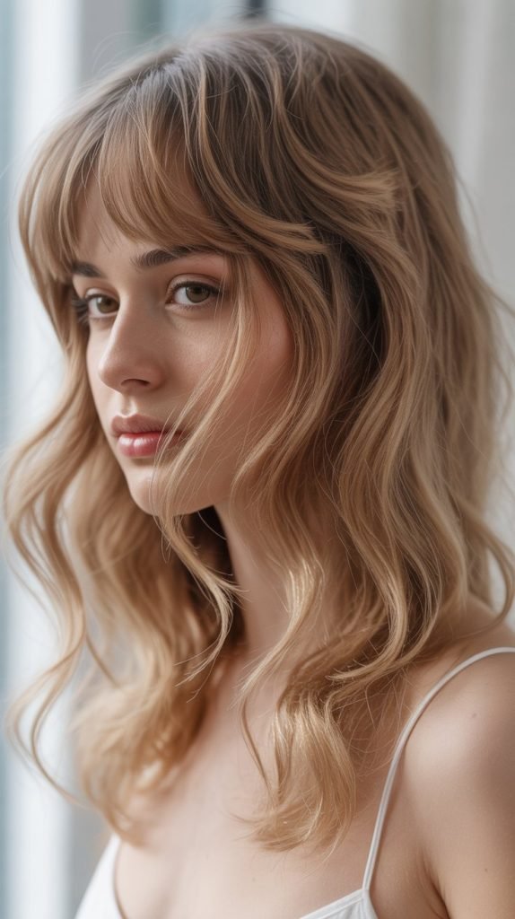 14. Romantic Wavy Long Bob with Soft Curtain Bangs