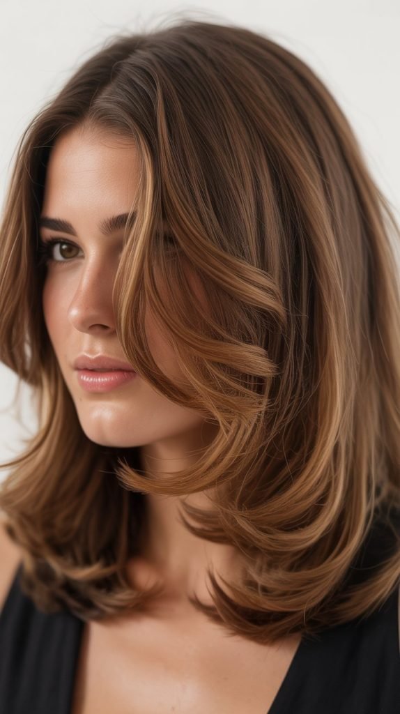  Caramel Highlights on Soft Layered Brown Lob