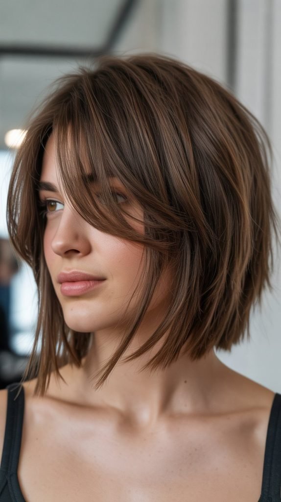 8. Choppy Long Bob with Side-Swept Curtain Bangs