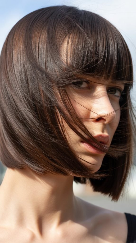 24. Long Bob with Sideswept Curtain Bangs