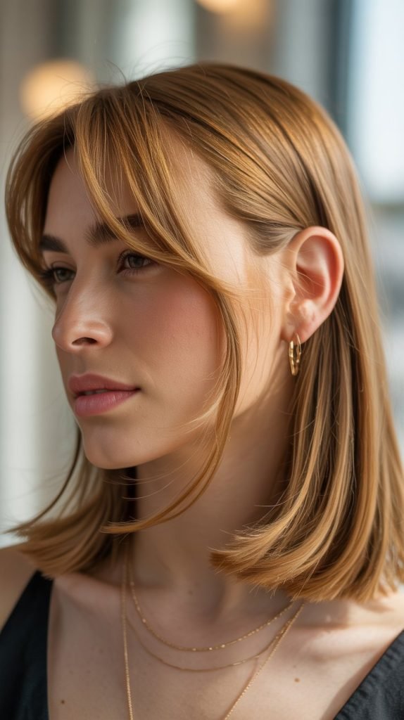  Lob with Curtain Bangs Tucked Behind One Ear