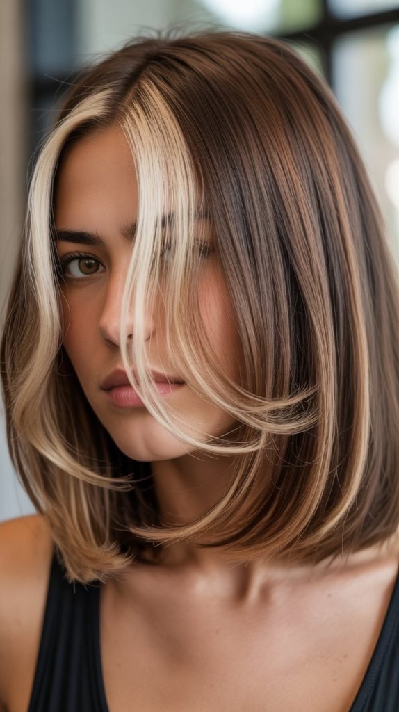 26. Soft Layered Long Bob with Money Pieces