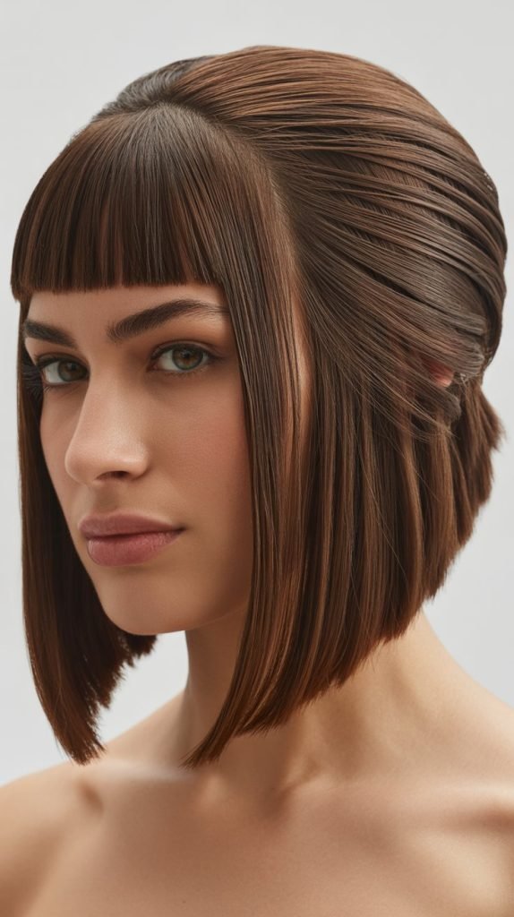  Graduated Long Bob with Angled Curtain Bangs