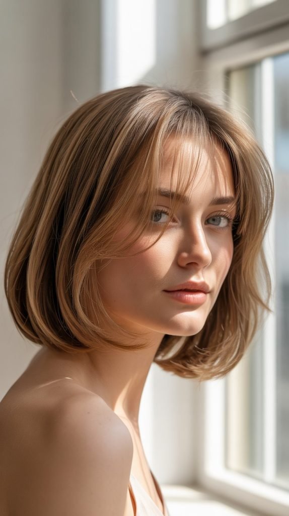 20. Soft Long Bob with Face-Framing Layers and Bangs