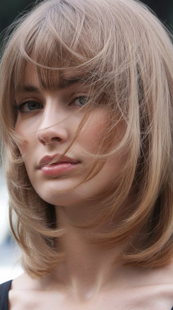 24. Long Bob with Feathery Layered Bangs