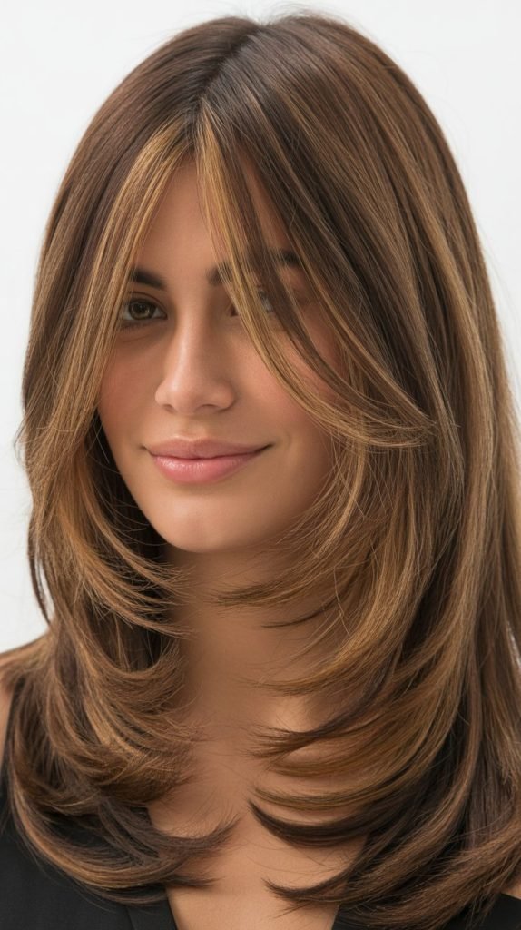 Caramel Highlights on Long Layered Brown Hair with Curtain Fringe