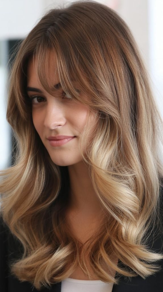 Creamy Blonde Balayage with Feathered Fringe