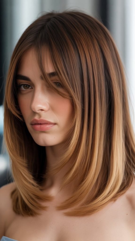 Inverted Bob with Curtain Bangs and Root Shadow