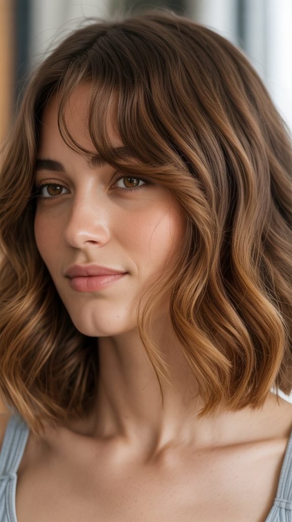 5. Wavy Long Bob with Side-Swept Curtain Bangs