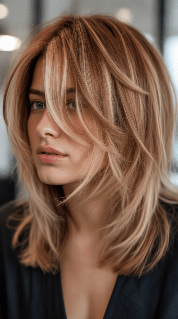 Toffee Blonde Highlights on Choppy Midi Layers