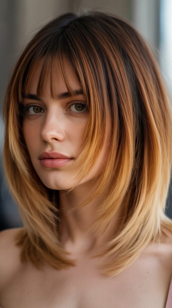 30. Long Bob with Curtain Bangs and Ombré