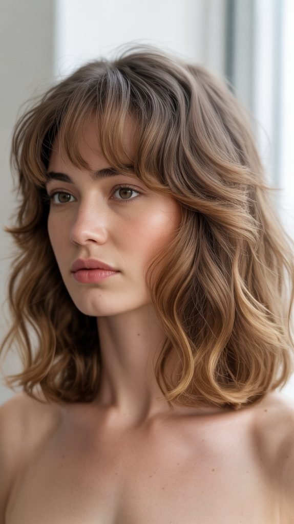 11. Wavy Long Bob with Curtain Bangs for Fine Hair