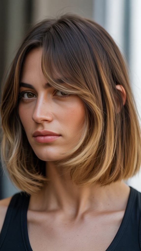 Long Bob with Curtain Bangs and Root Shadow