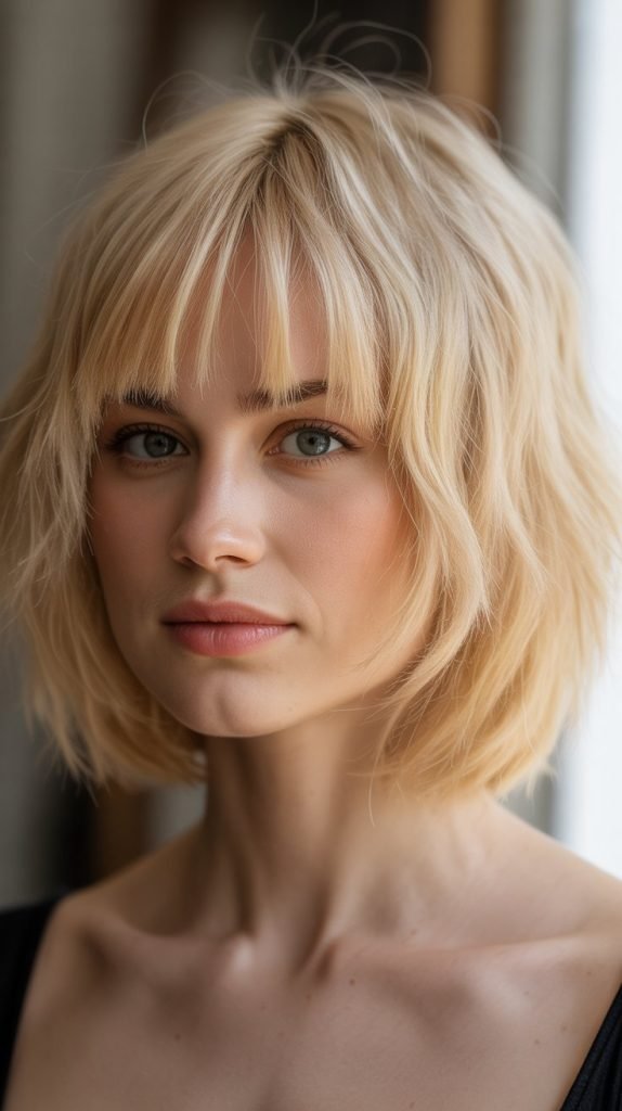 23. Butter Cream Blonde Bob with Textured Curtain Bangs