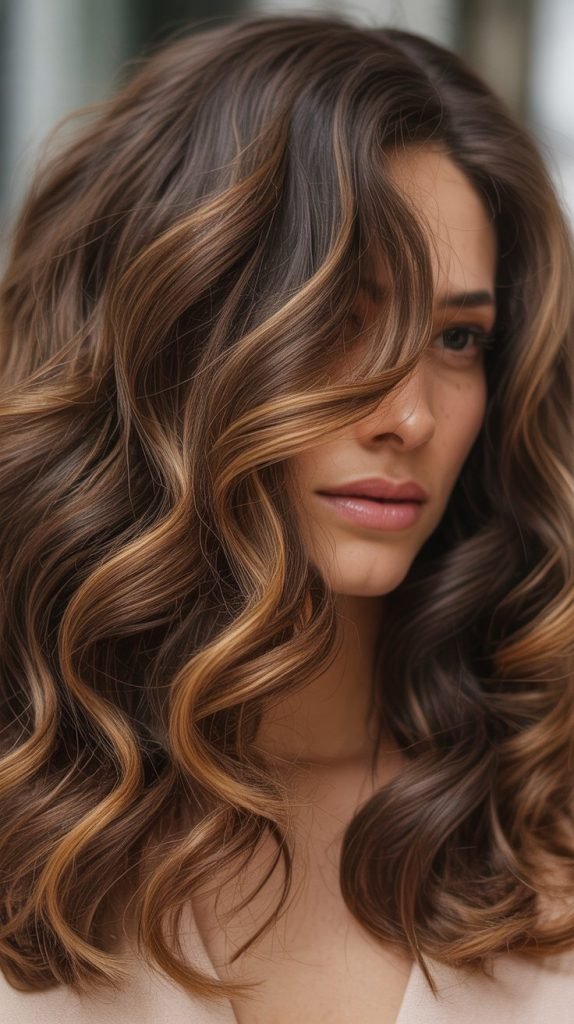 Caramel Highlights on Wavy Brown Hair