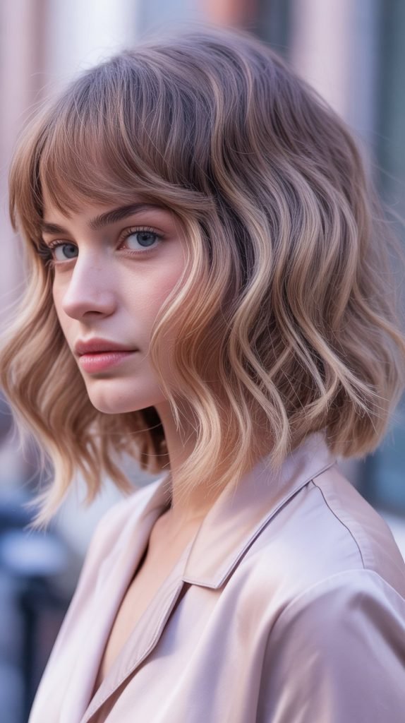 Razored Lob with Soft-Textured Curtain Bangs