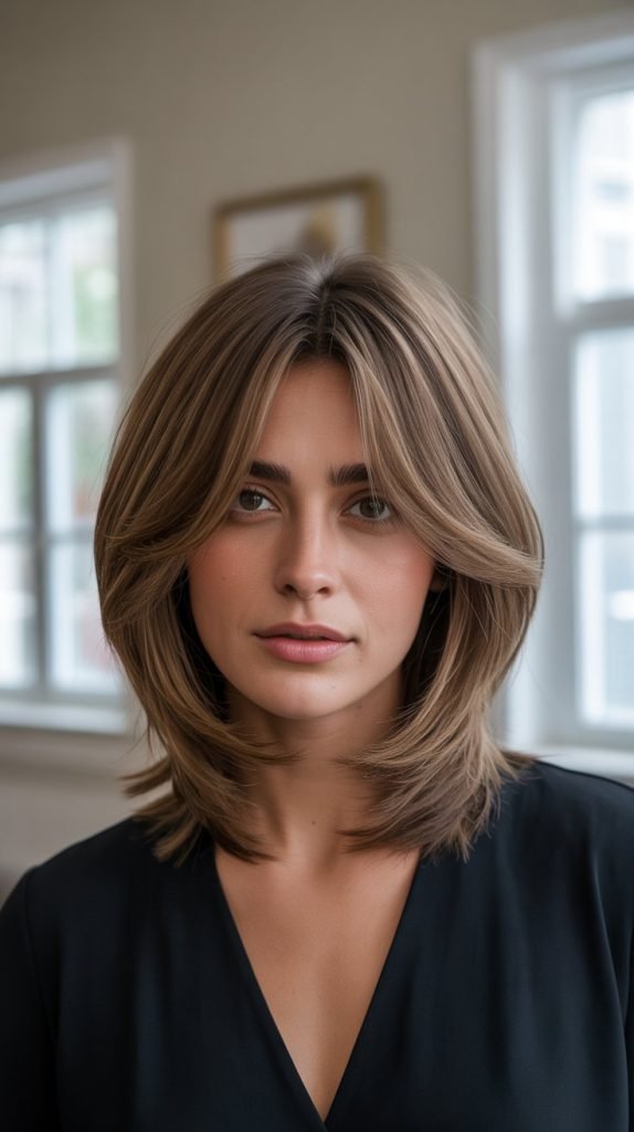  Layered Long Bob with Feathered Curtain Bangs