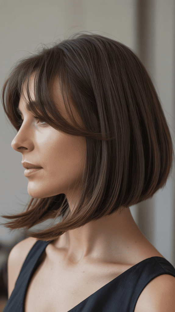 Inverted Long Bob with Brow-Skimming Bangs