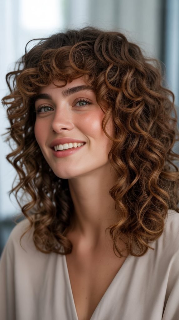 7. Curly Long Bob with Curtain Bangs