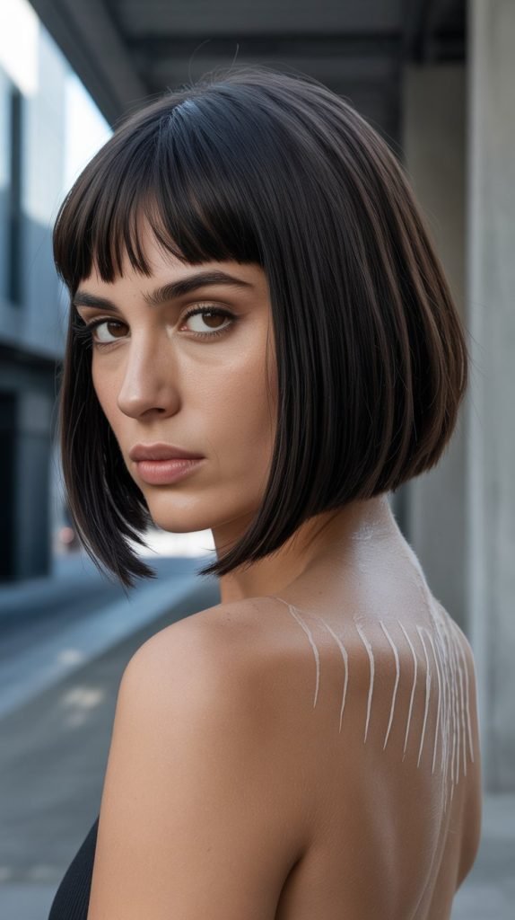 17. Sleek Long Bob with Curtain Bangs and Hidden Undercut