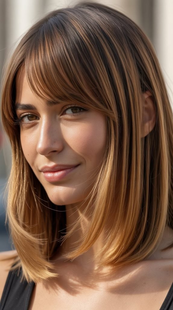 21. Long Bob with Curtain Bangs and Balayage