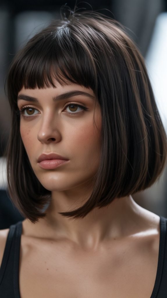 7. Long Bob with Baby Bangs and Face-Framing Layers
