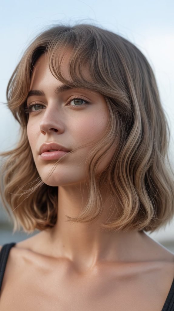 Textured Long Bob with Wispy Curtain Bangs