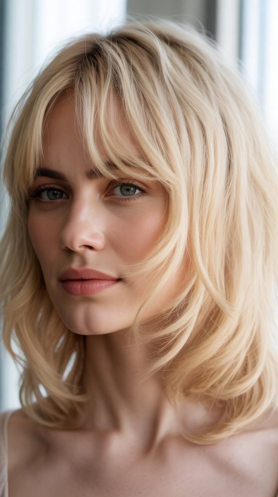 Flaxen Blonde Textured Bob with Curtain Bangs
