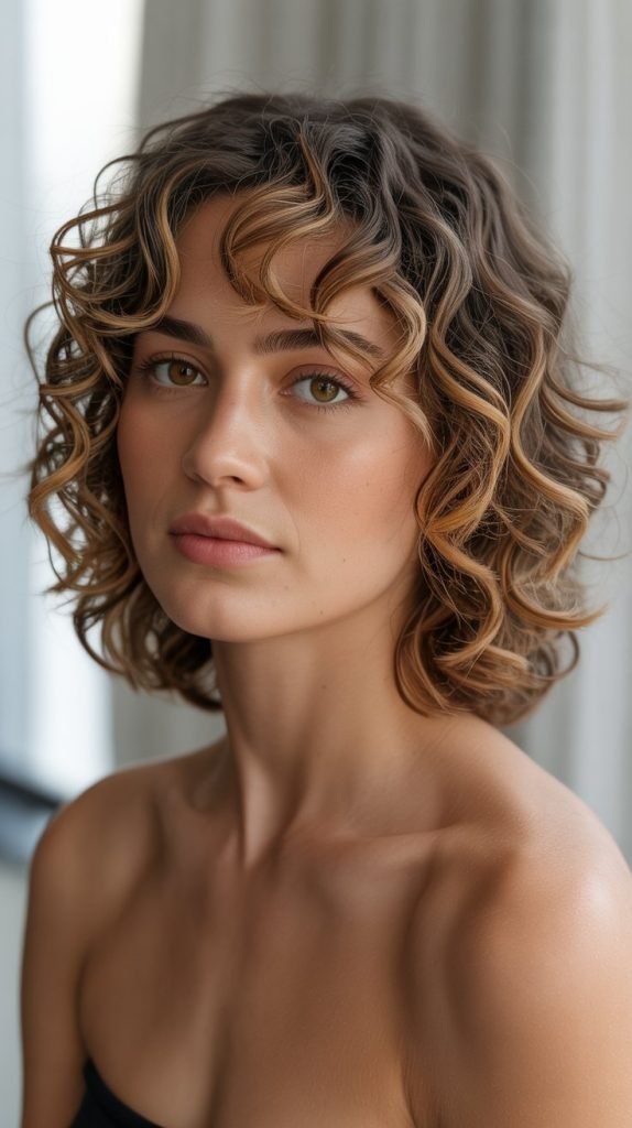  Curly Bob with Curtain Bangs for Square Faces
