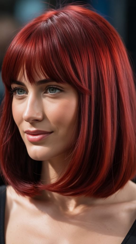 12. Red Long Bob with Curtain Bangs