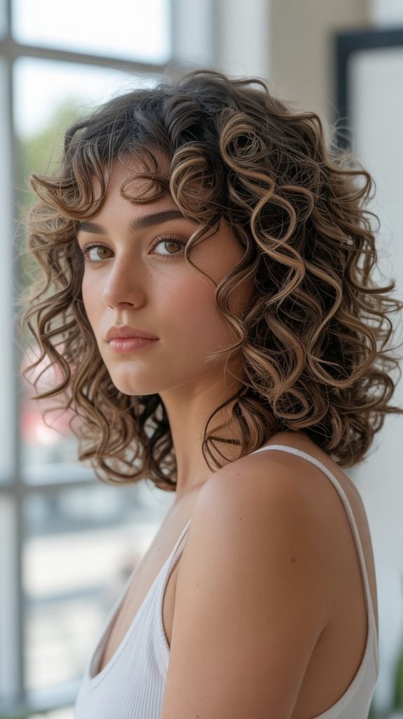 8. Curly Long Bob with Curtain Bangs