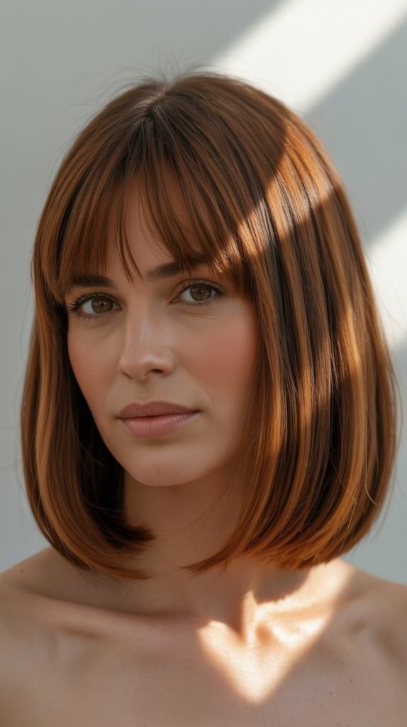 Long Bob with Curtain Bangs for Round Faces