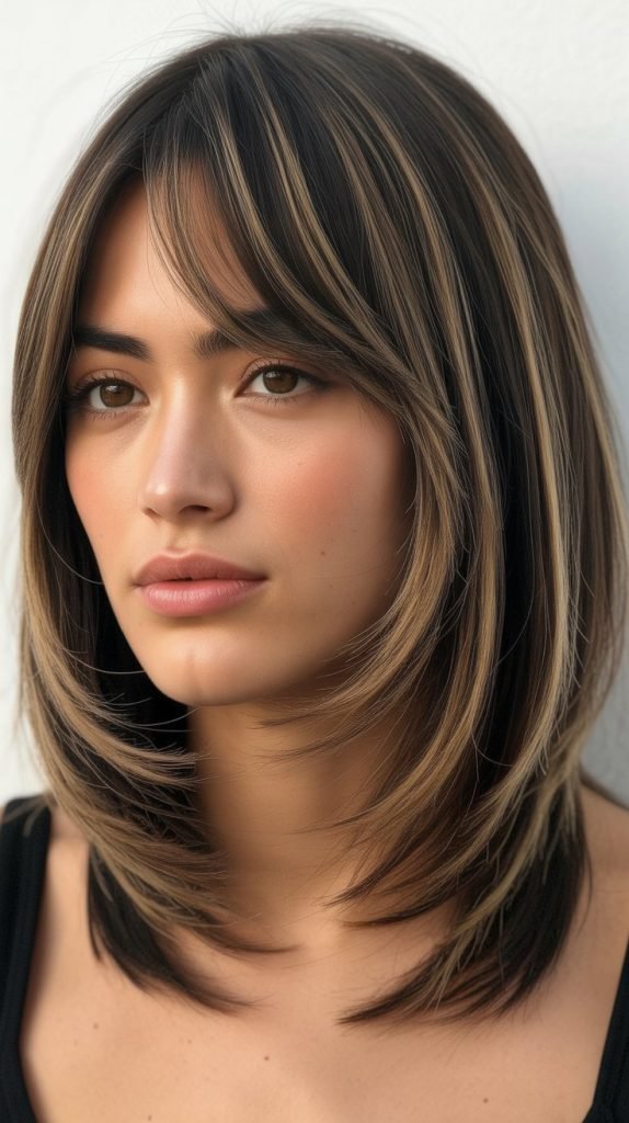  Long Bob with Curtain Bangs and Razored Ends