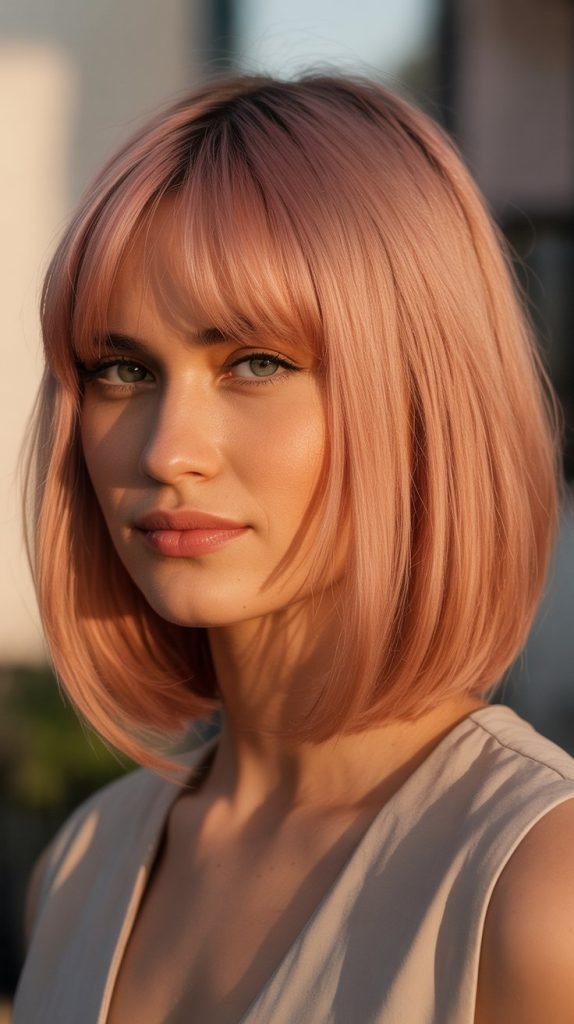 20. Rose Gold Blonde Bob with Curtain Bangs