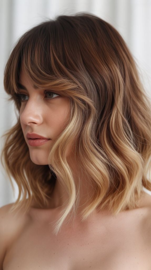 19. Wavy Long Bob with Curtain Bangs and Root Shadow