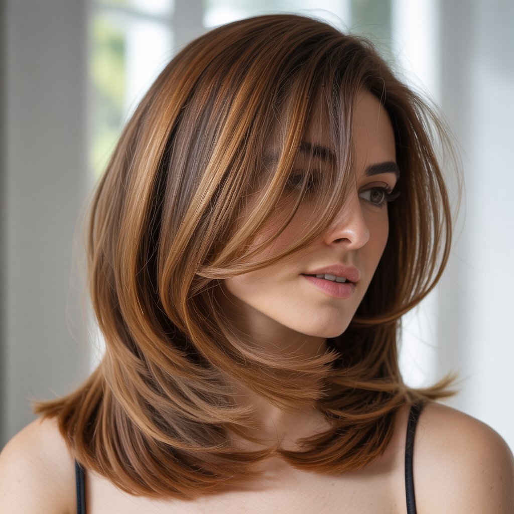 . Asymmetrical Lob with Curtain Bangs and Deep Side Part