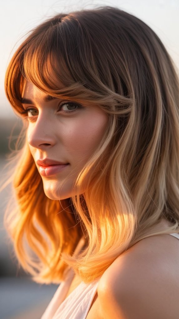 23. Long Bob with Curved Bangs and Ombre Color