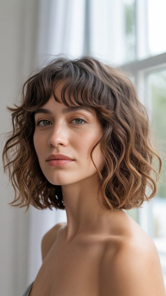 16. Natural Air-Dried Wavy Bob with Organic Curtain Bangs