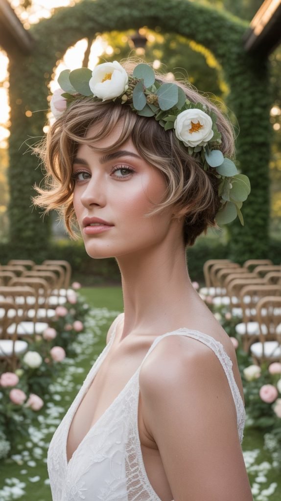 Textured Pixie with Floral Crown