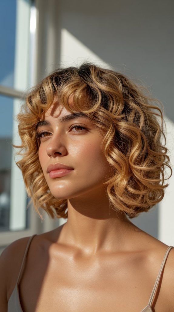  Honey Blonde Curly Bob with Curtain Bangs